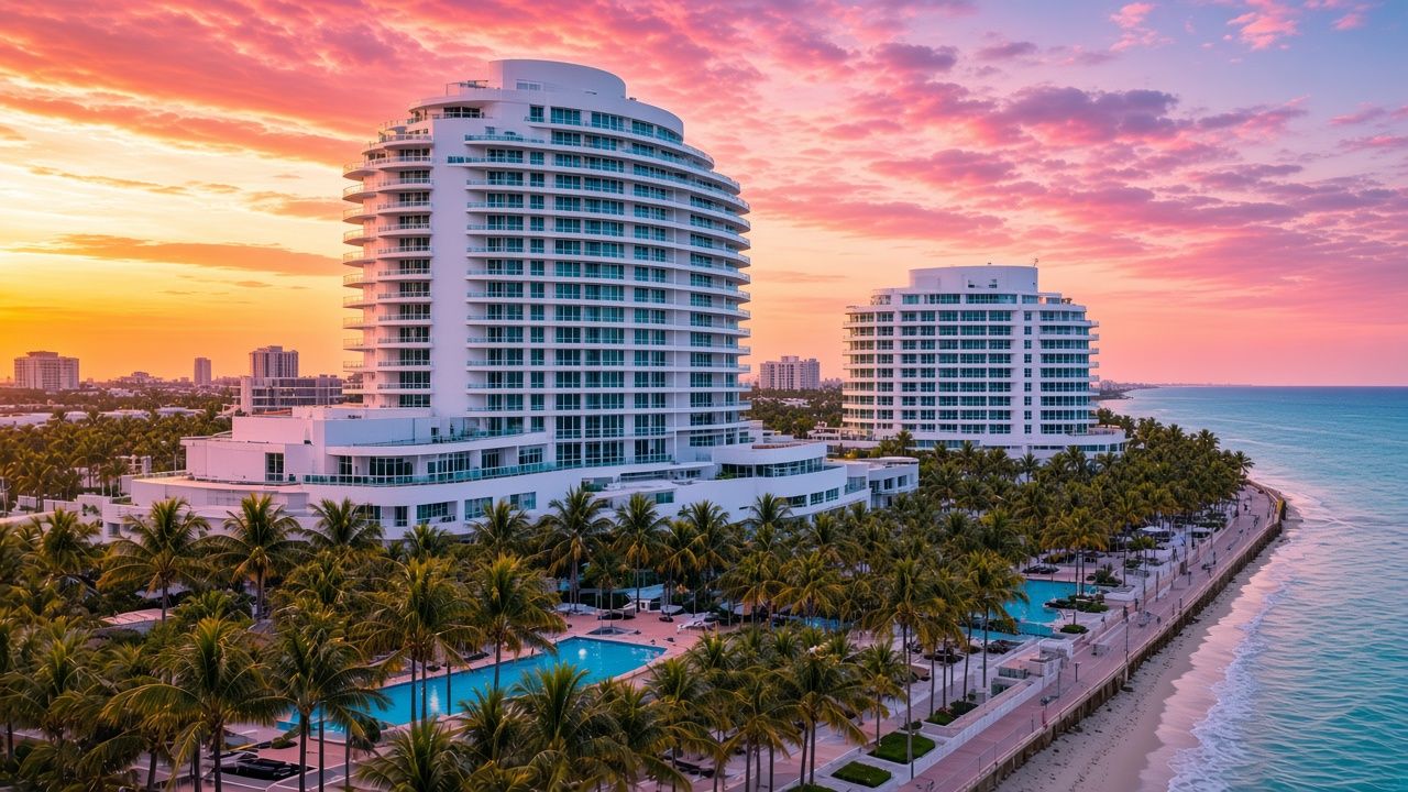 The Fontainebleau Miami Beach at sunset, with palms, pools and the Atlantic